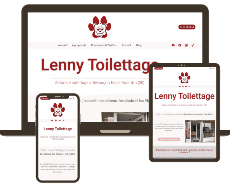 Portfolio de prestation WordPress réalisé par Fée des sites : création du site internet pour le salon de toilettage Lenny Toilettage à Besançon - Ecole Valentin (25)