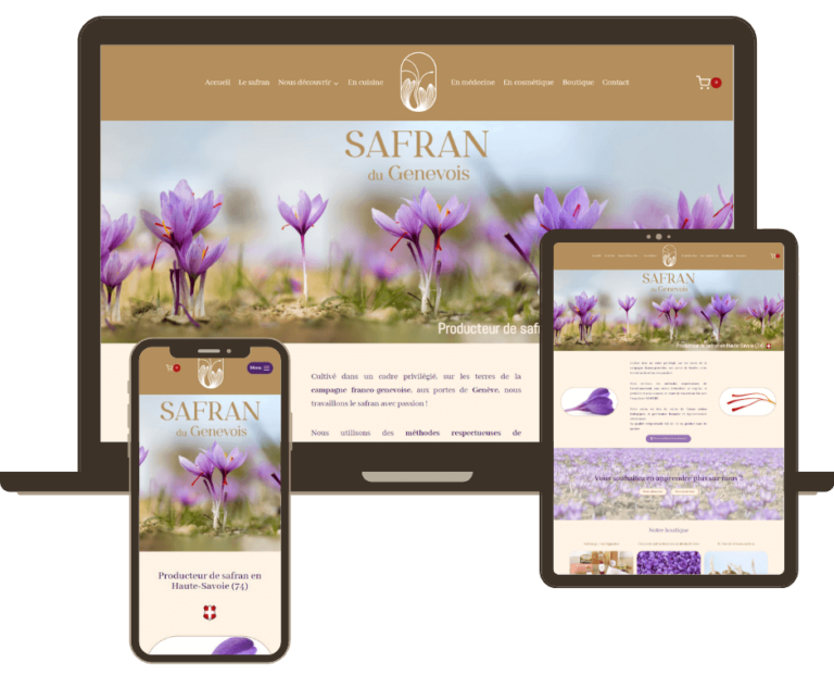 Portfolio de prestation WordPress réalisé par Fée des sites : création d'une boutique en ligne Woocommerce Safran du Genevois, Producteur de safran en Haute-Savoie (74)