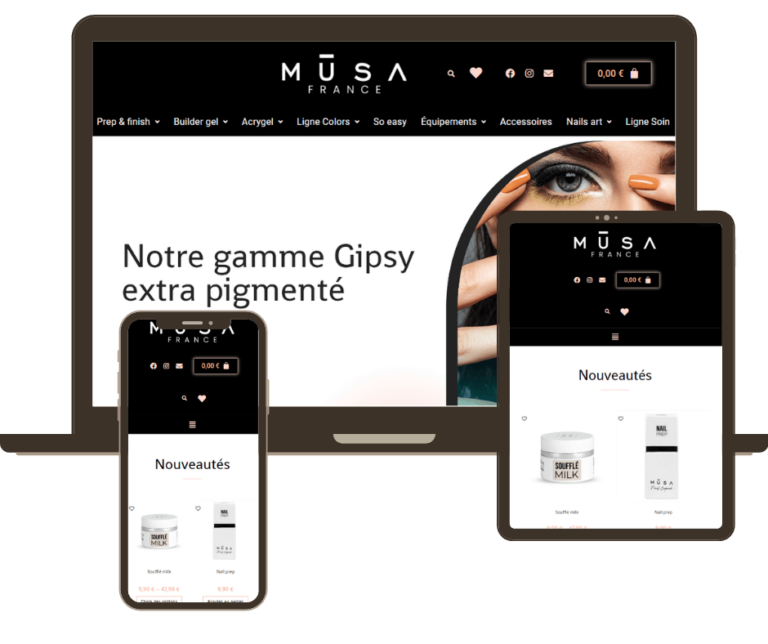Portfolio de prestation WordPress réalisé par Fée des sites : création d'une boutique en ligne Woocommerce MUSA Nails France, Vente de produits pour les ongles (01)