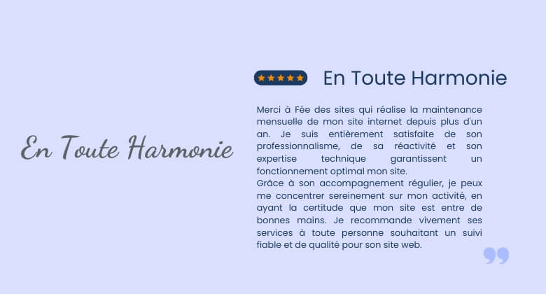 Avis client de l'entreprise En Toute Harmonie, pour une prestation de maintenance préventive mensuelle