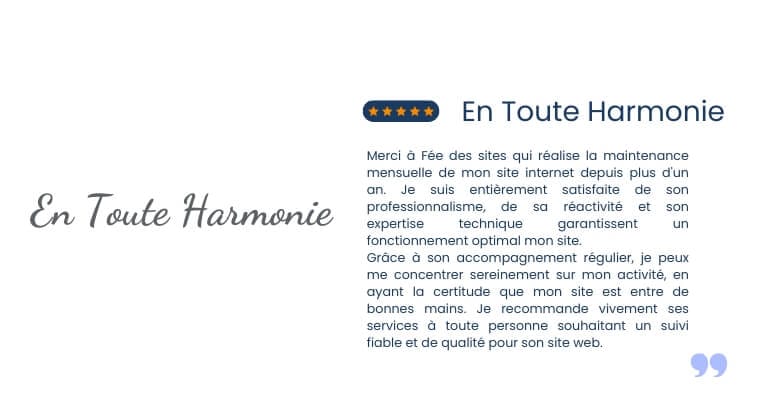 Avis client de l'entreprise En Toute Harmonie, pour une prestation de maintenance préventive mensuelle